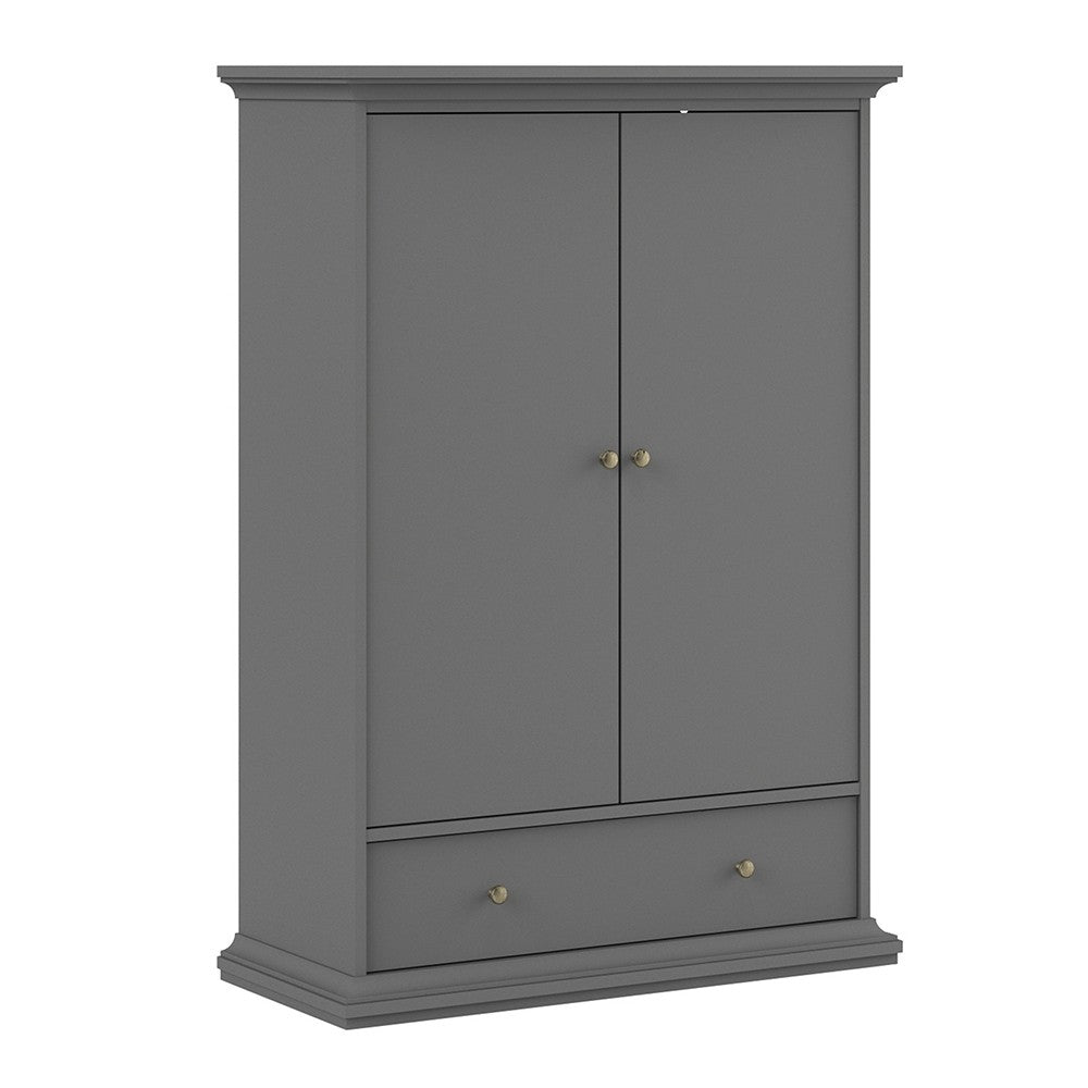 Paris Wardrobe with 2 Doors 1 Drawer 2 Shelves in Matt Grey