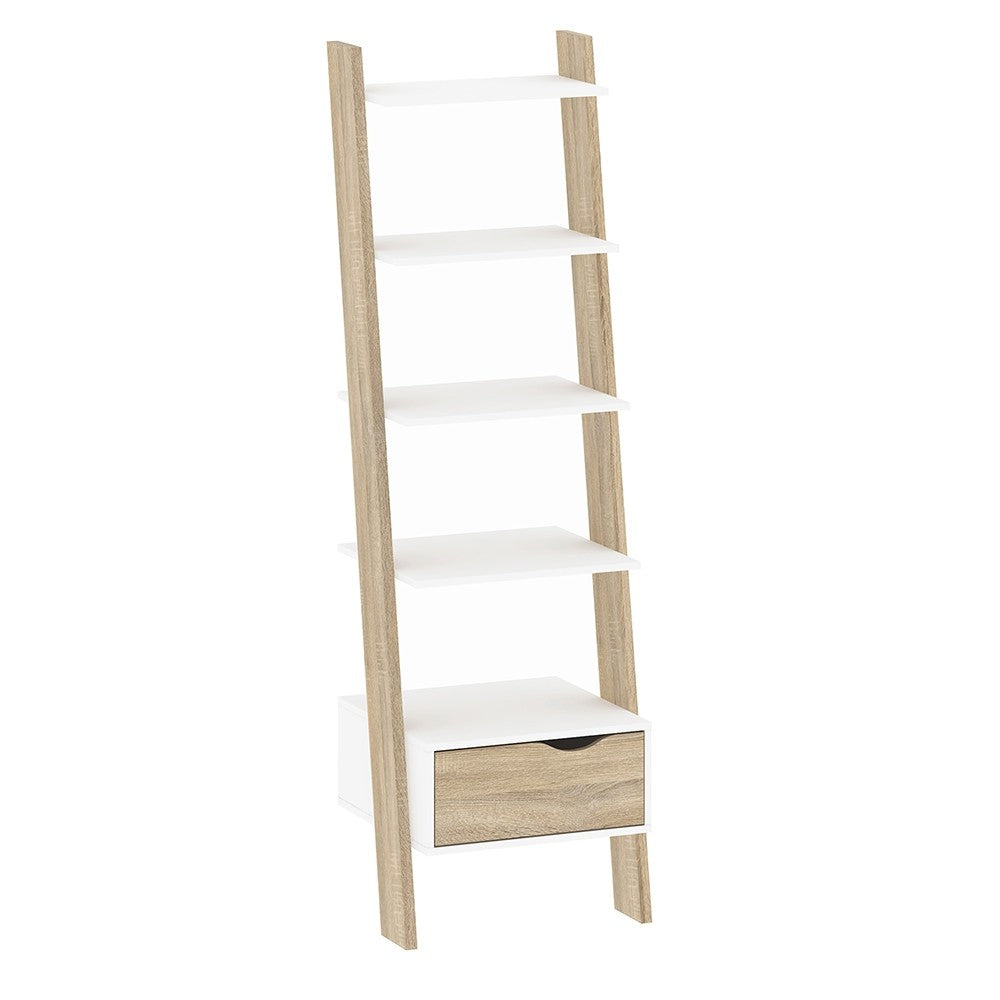 Oslo Leaning Bookcase 1 Drawer in White and Oak FSC Mix 70 % NC-COC-060652