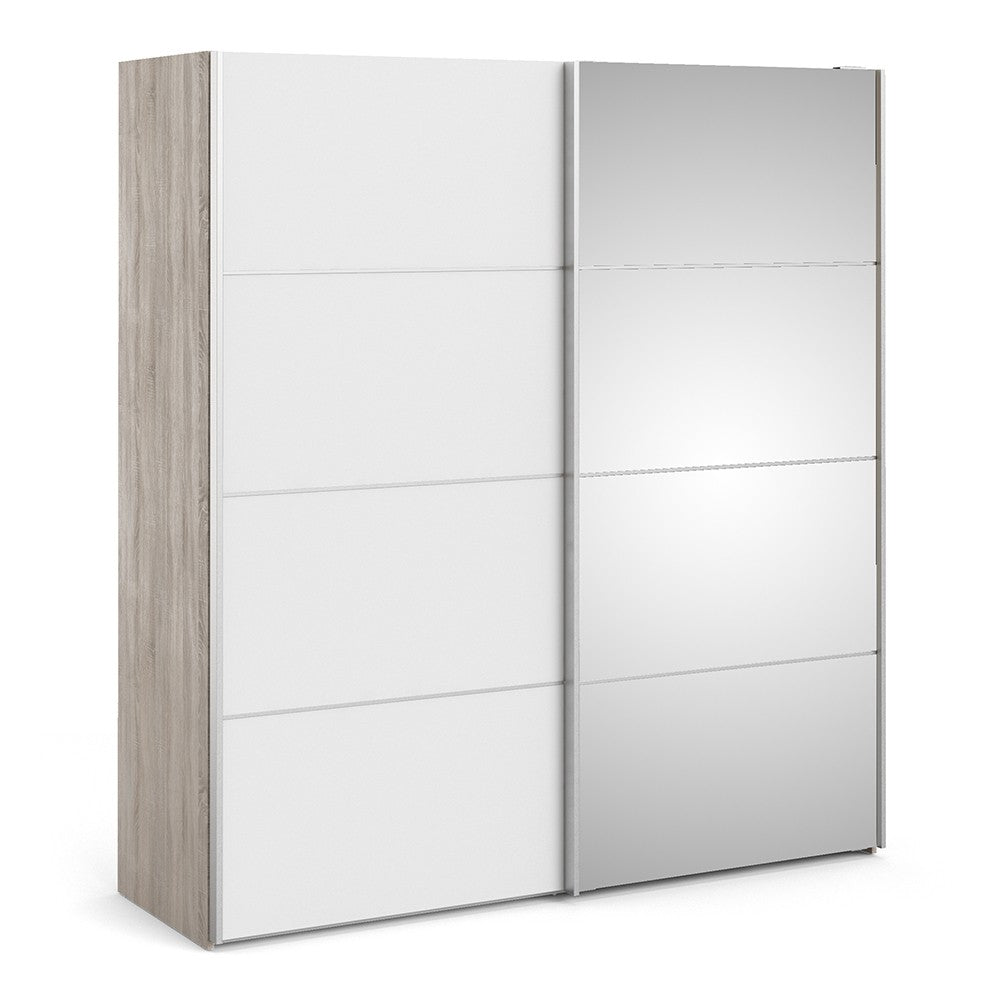 *Verona Sliding Wardrobe 180cm in Truffle Oak with White and Mirror Doors with 2 Shelves
