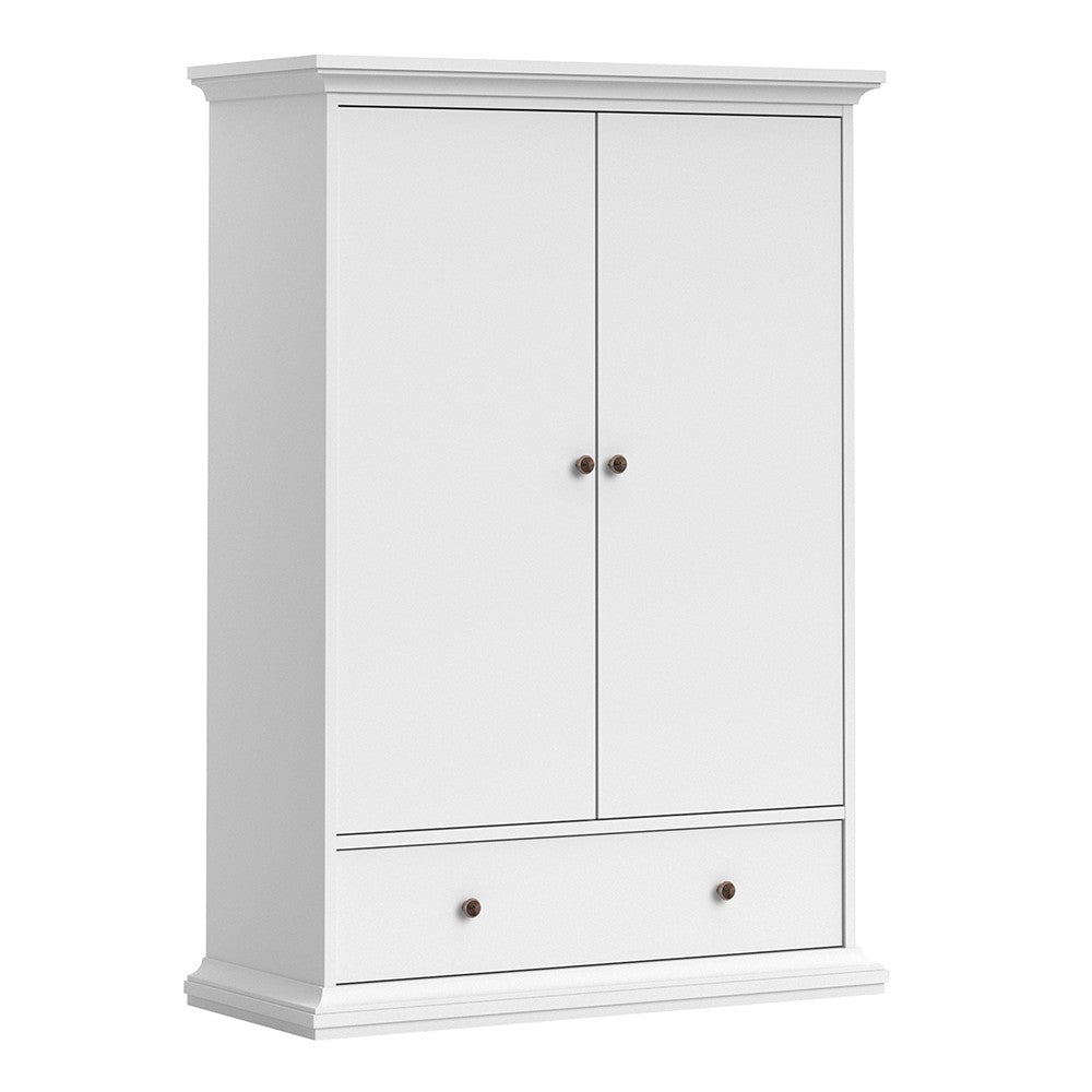 Paris Wardrobe with 2 Doors 1 Drawer 2 Shelves in White