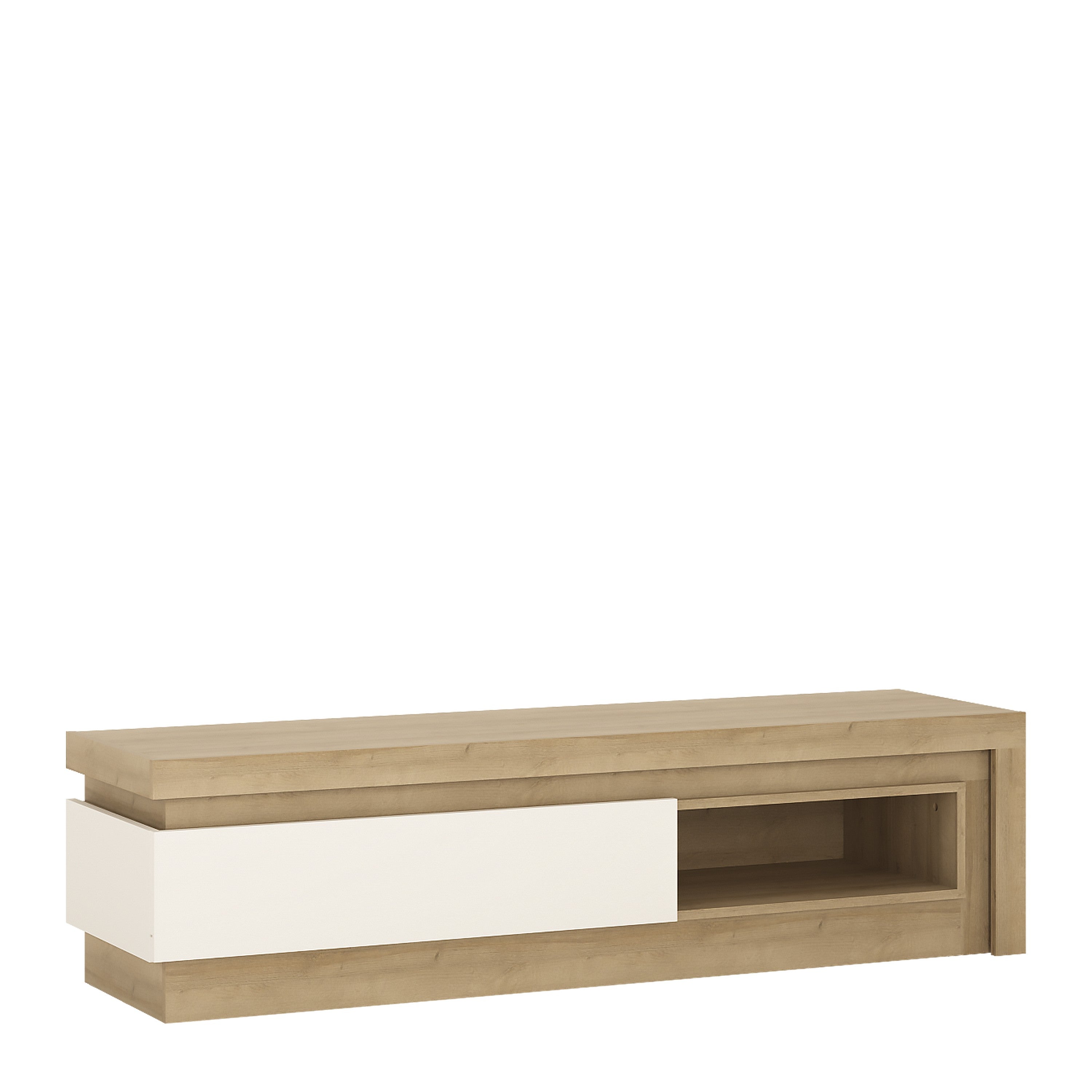 Lyon 1 drawer TV cabinet with open shelf in Riviera Oak/White High Gloss