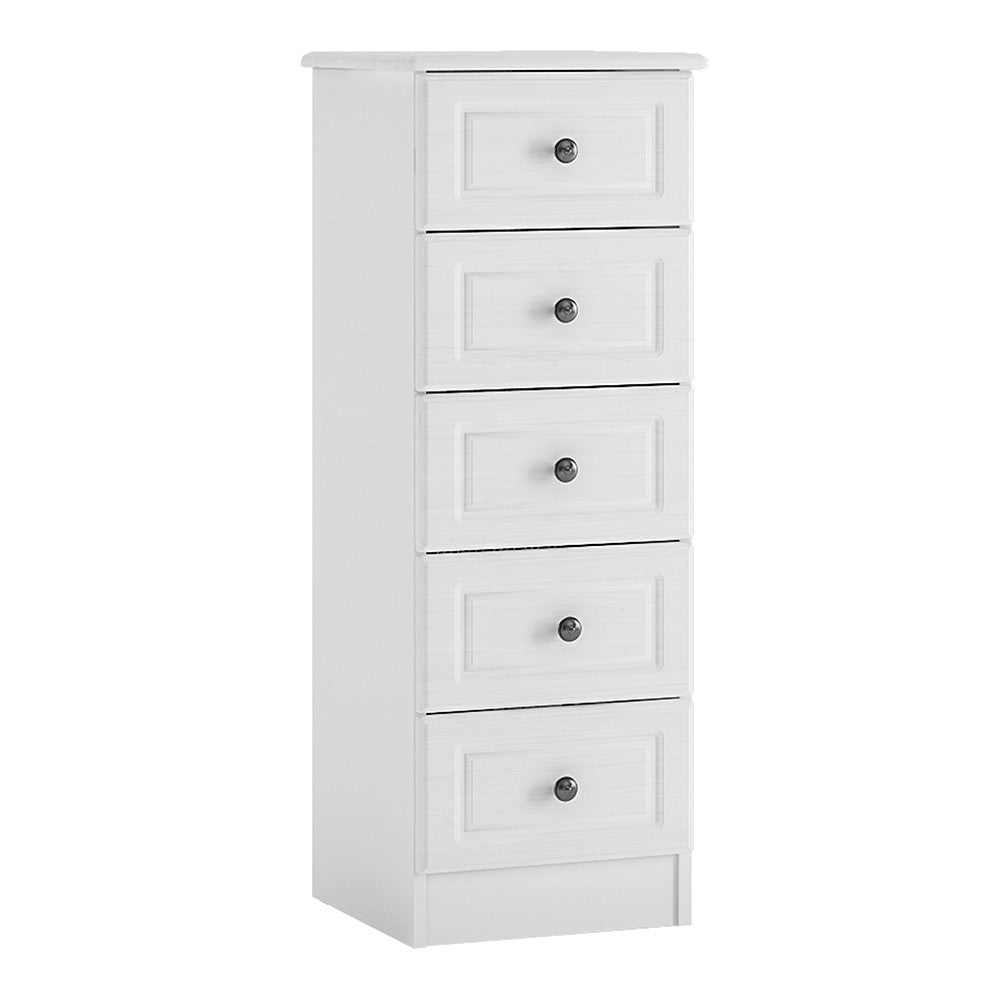 Hampshire 5 drawer narrow chest in white textured MDF and white melamine.