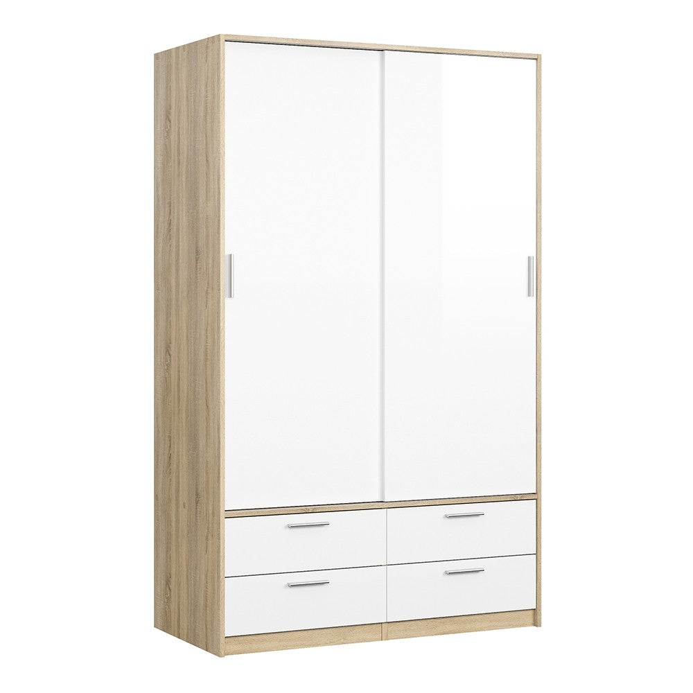 Line Wardrobe - 2 Doors 4 Drawers in Oak with White High Gloss