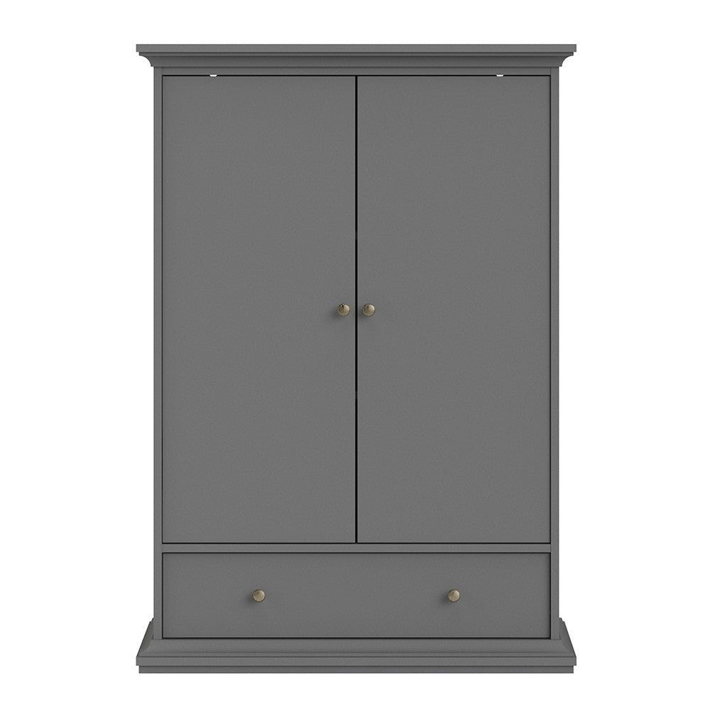 Paris Wardrobe with 2 Doors 1 Drawer 2 Shelves in Matt Grey