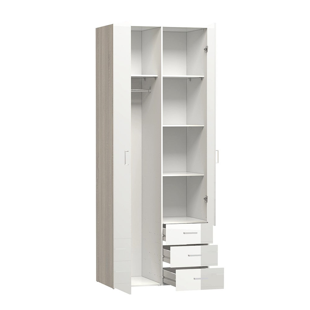 Space Wardrobe - 2 Doors 3 Drawers in Oak with White High Gloss 2000