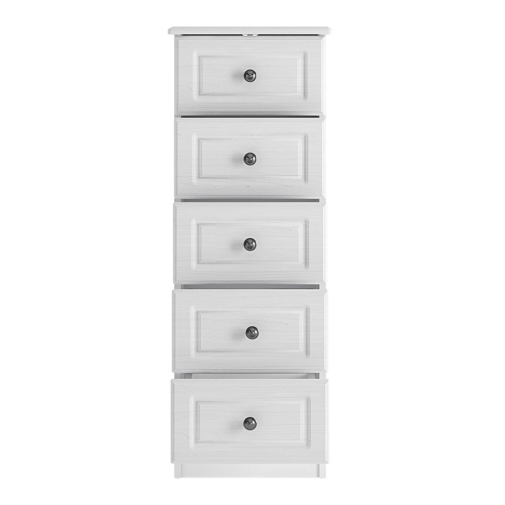 Hampshire 5 drawer narrow chest in white textured MDF and white melamine.