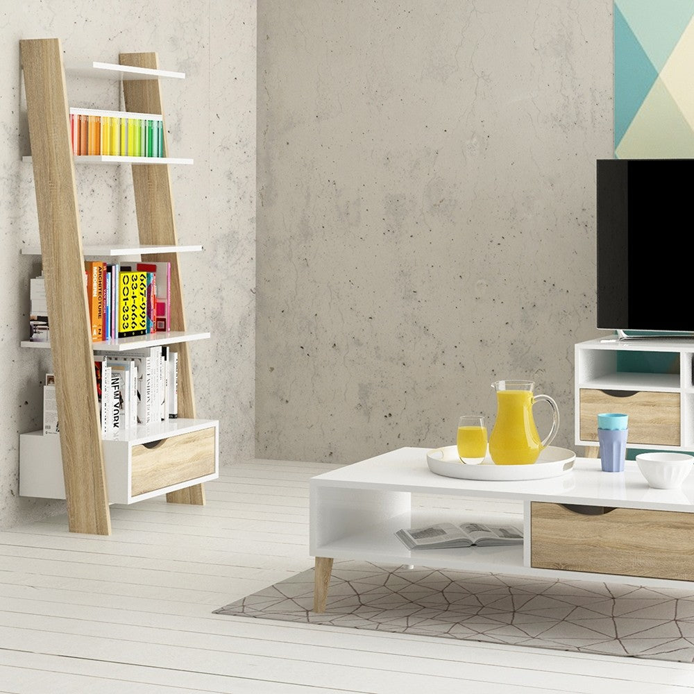 Oslo Leaning Bookcase 1 Drawer in White and Oak FSC Mix 70 % NC-COC-060652