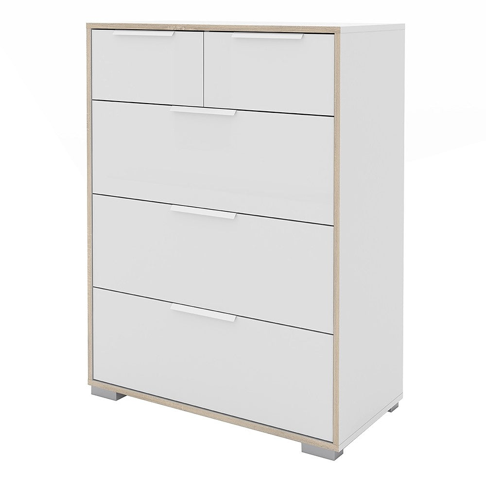 Line Chest of 5 Drawers (2+3) in White and Oak