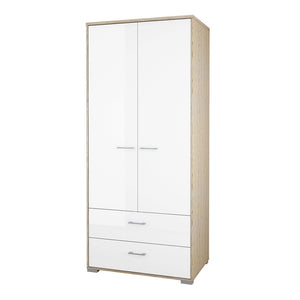 Homeline Wardrobe - 2 Doors 2 Drawers in Oak with White High Gloss