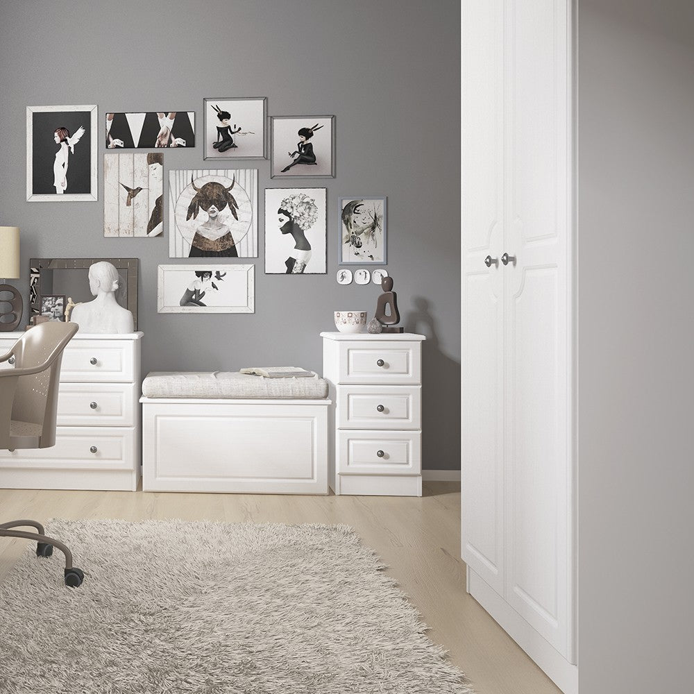 Hampshire 3 drawer bedside in white textured MDF and white melamine