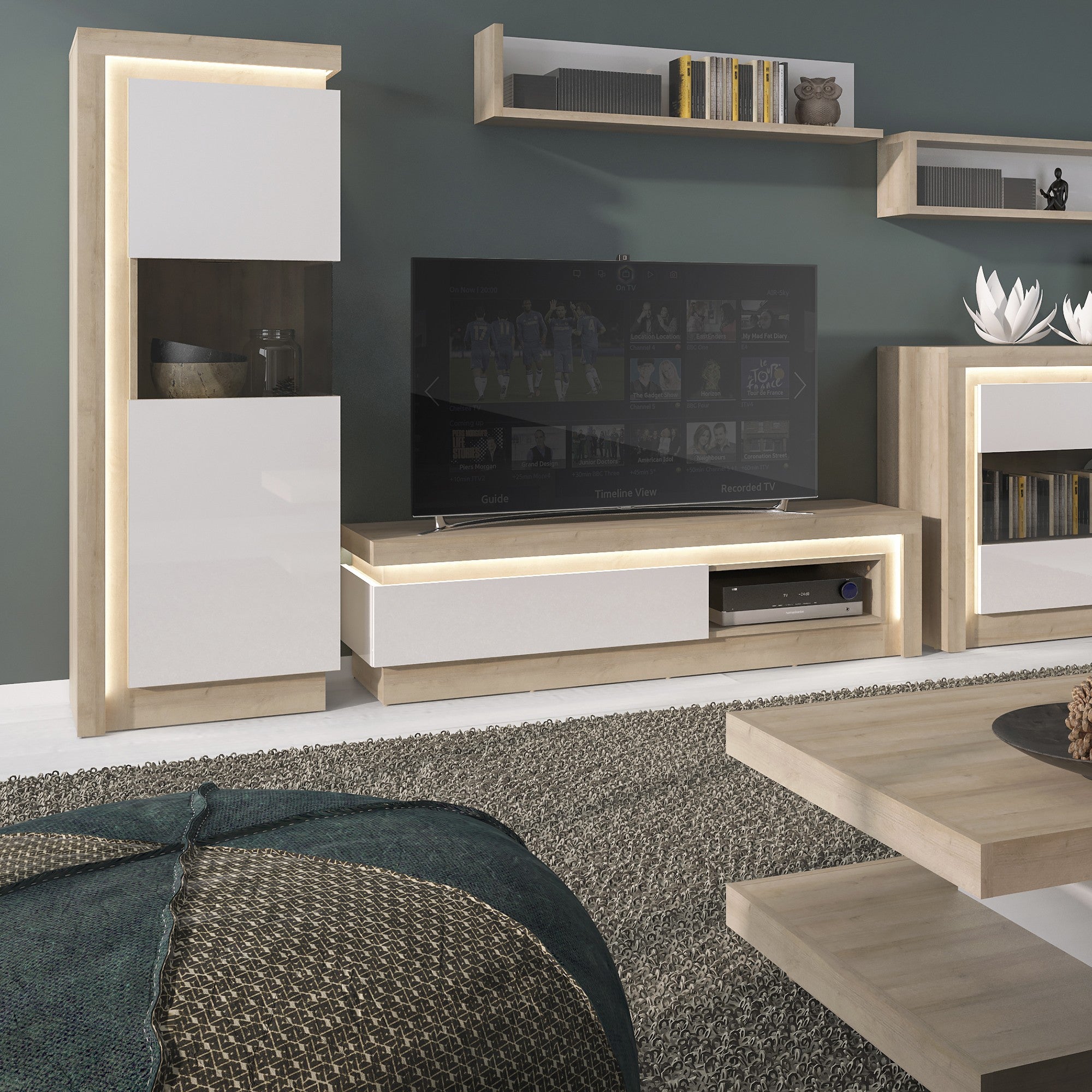 Lyon 2 drawer TV cabinet in Riviera Oak/White High Gloss