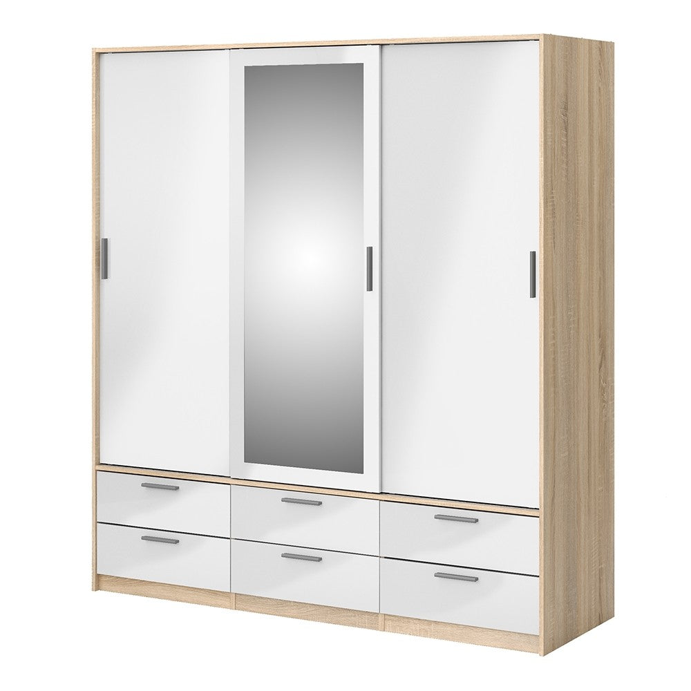 Line Wardrobe - 3 Doors 6 Drawers in Oak with White High Gloss