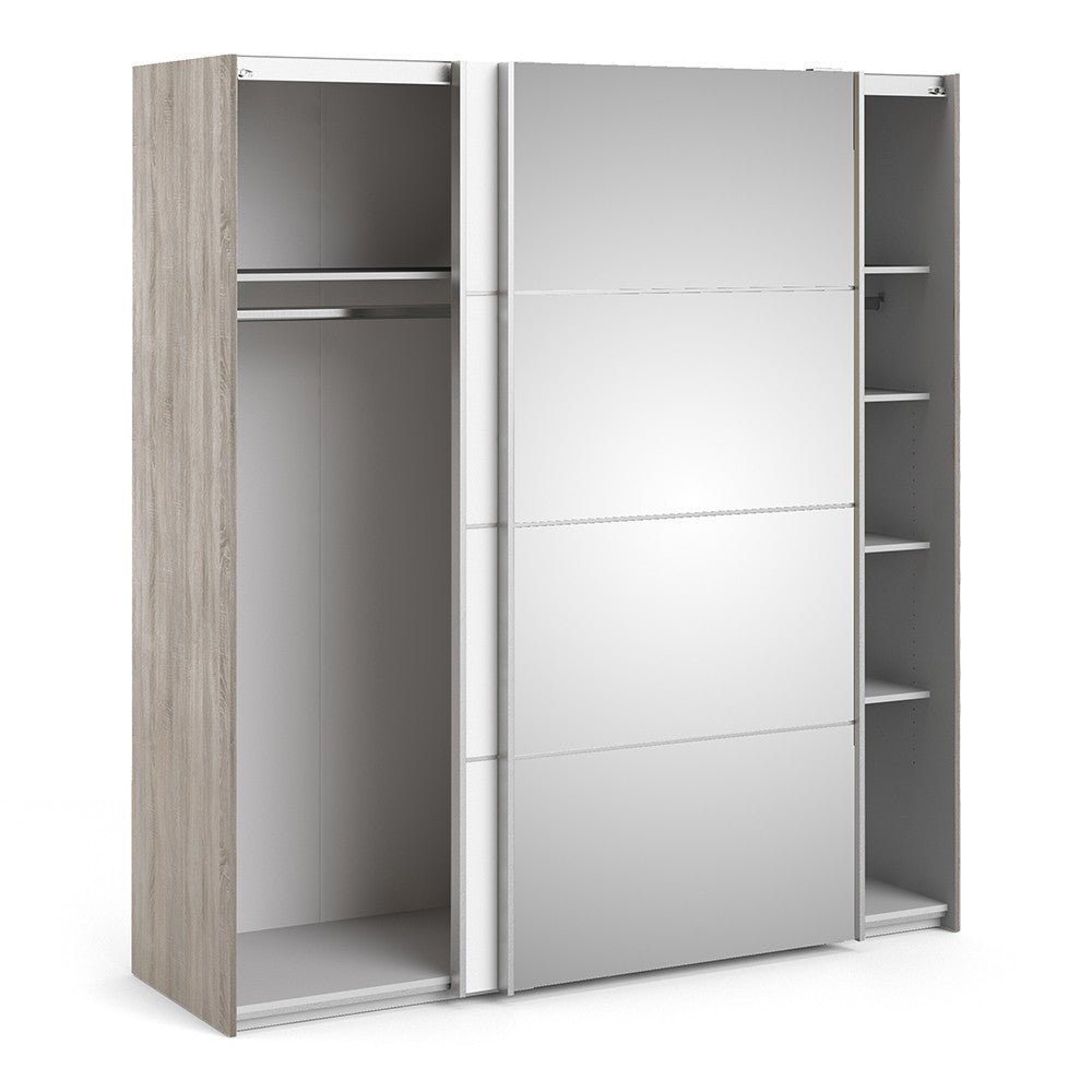 *Verona Sliding Wardrobe 180cm in Truffle Oak with White and Mirror Doors with 5 Shelves