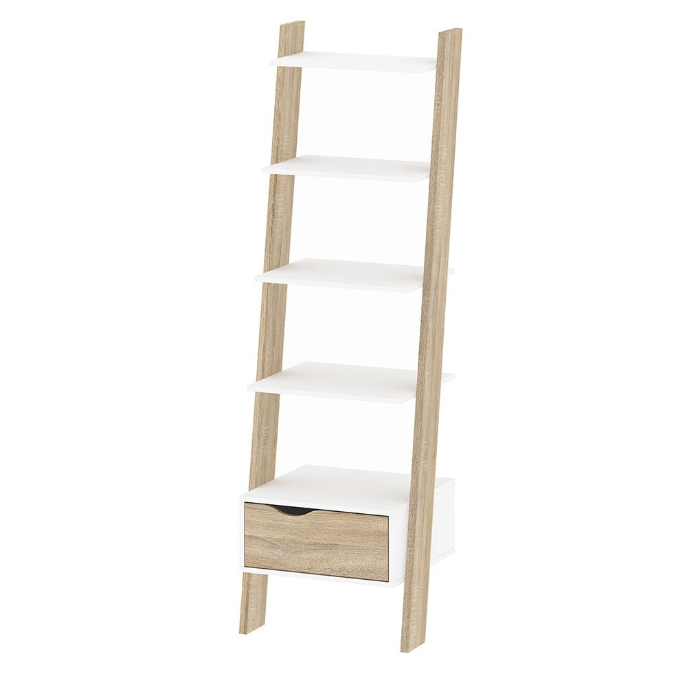 Oslo Leaning Bookcase 1 Drawer in White and Oak FSC Mix 70 % NC-COC-060652