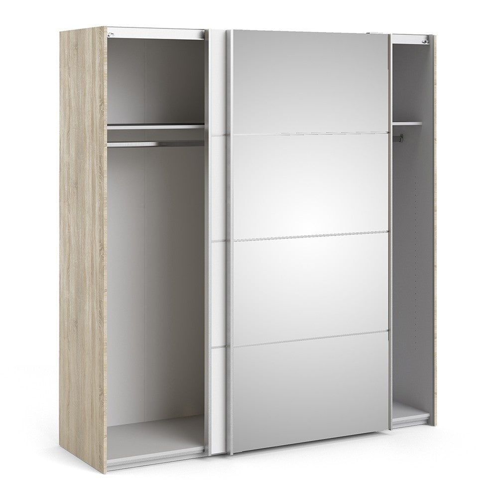 Verona Sliding Wardrobe 180cm in Oak with White and Mirror Doors with 2 Shelves