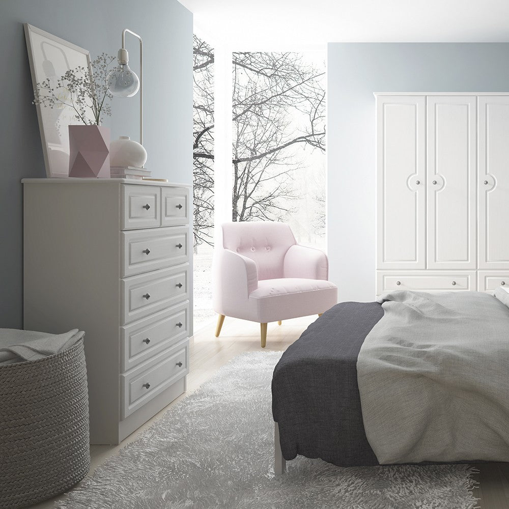 Hampshire 5 drawer narrow chest in white textured MDF and white melamine.