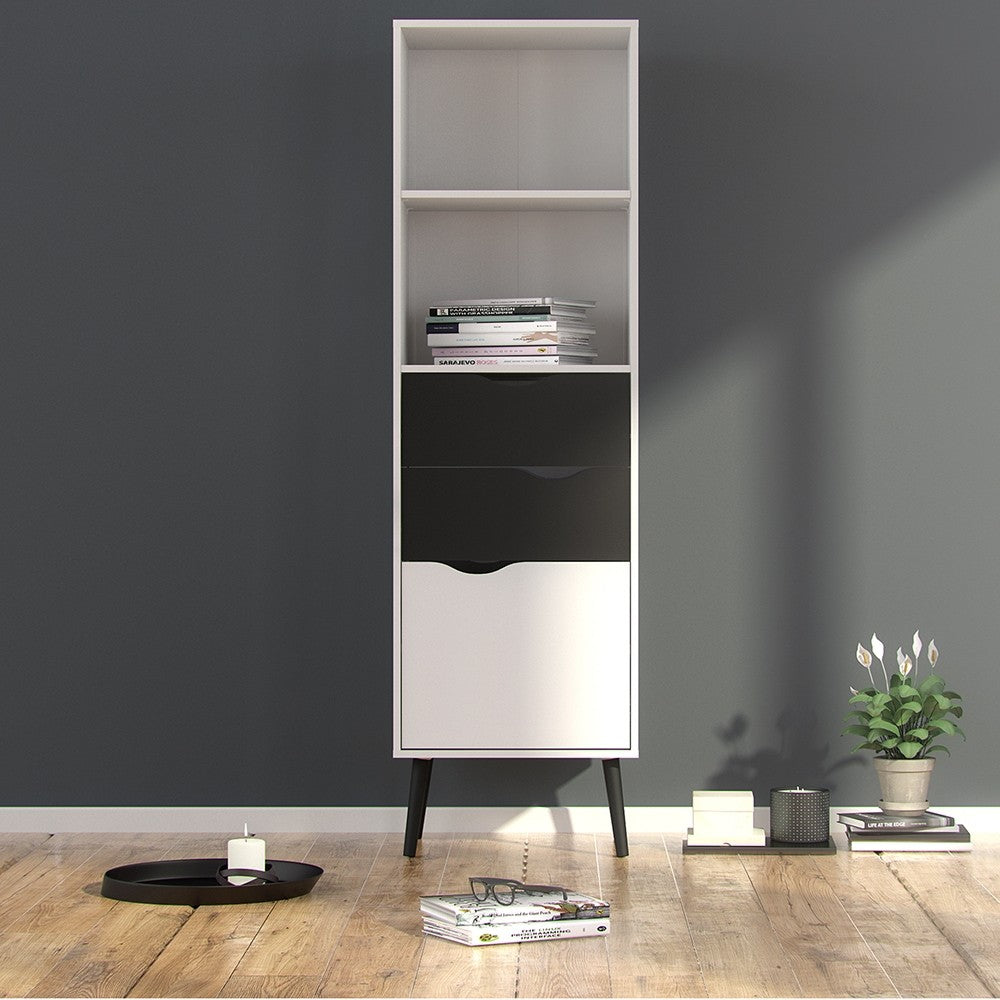 Oslo Bookcase 2 Drawers 1 Door in White and Black Matt