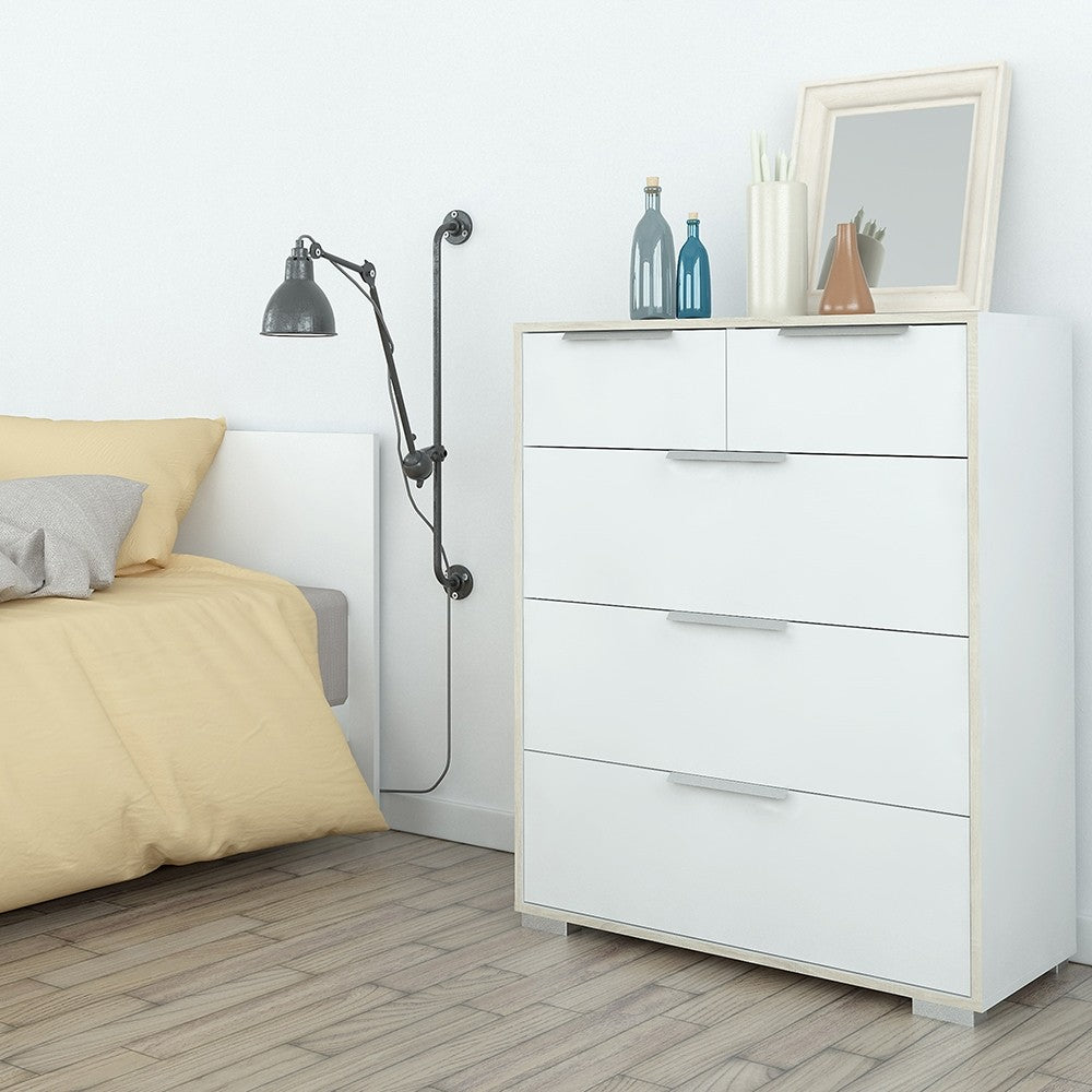 Line Chest of 5 Drawers (2+3) in White and Oak