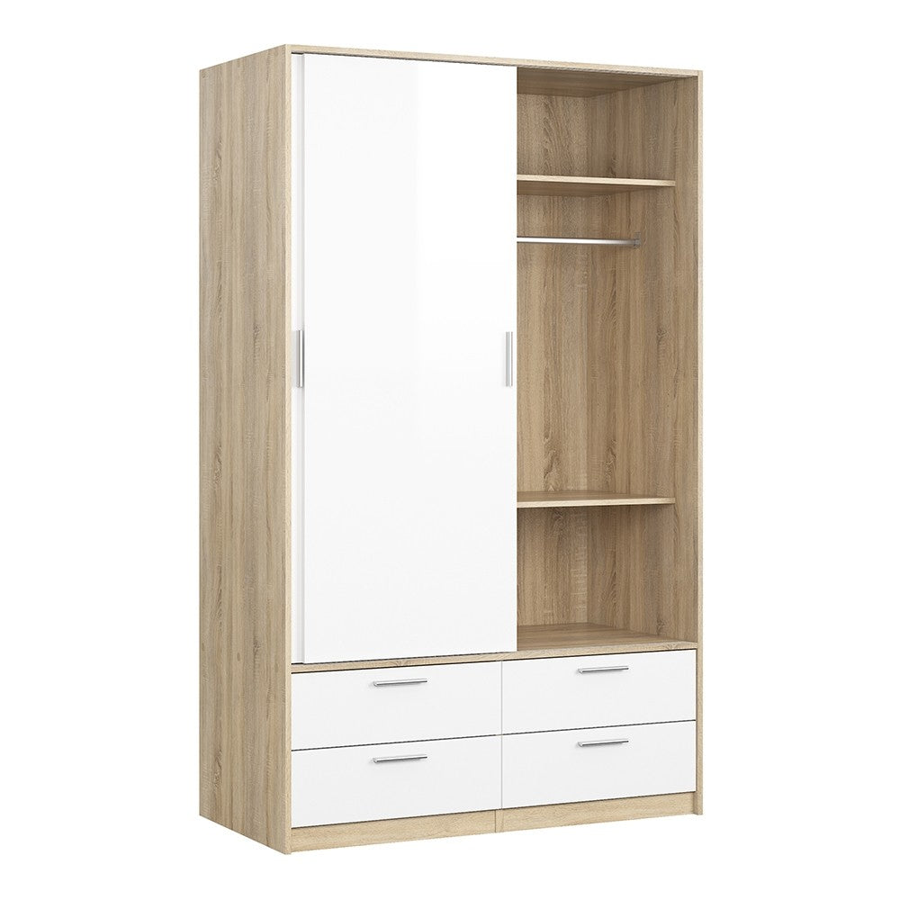 Line Wardrobe - 2 Doors 4 Drawers in Oak with White High Gloss