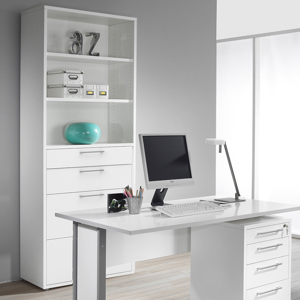 Prima Bookcase 5 Shelves with 2 Drawers + 2 File Drawers in White