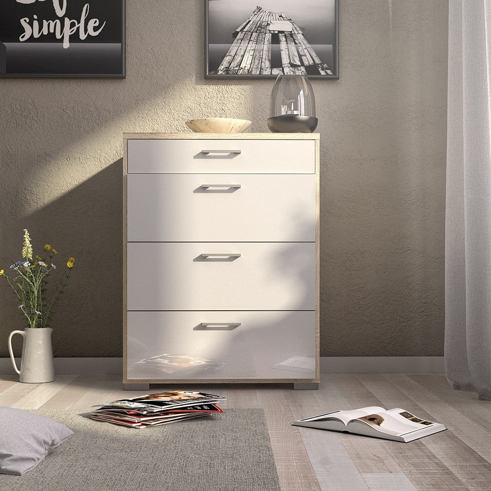 Homeline Chest of 4 Drawers in Oak with White High Gloss