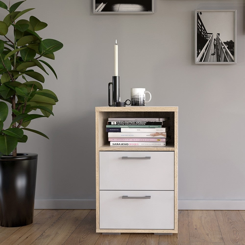 Homeline Bedside 2 Drawers in Oak with White High Gloss