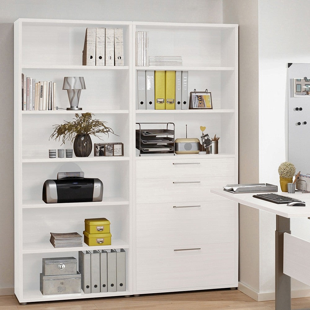 Prima Bookcase 5 Shelves with 2 Drawers + 2 File Drawers in White