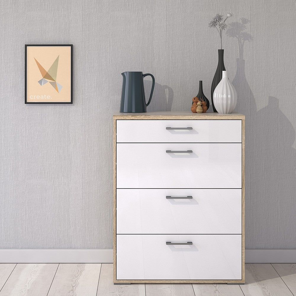 Homeline Chest of 4 Drawers in Oak with White High Gloss