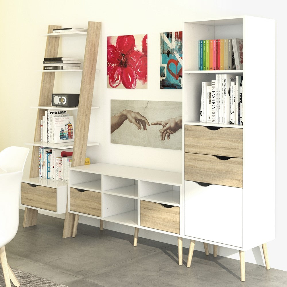 Oslo Leaning Bookcase 1 Drawer in White and Oak FSC Mix 70 % NC-COC-060652