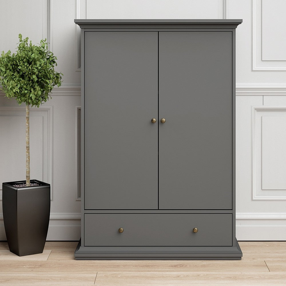 Paris Wardrobe with 2 Doors 1 Drawer 2 Shelves in Matt Grey